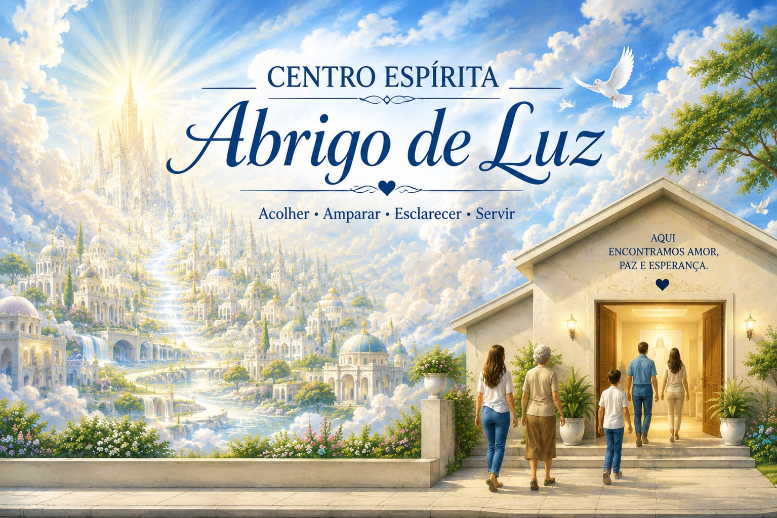 Ilustração do Centro Espírita Abrigo de Luz como espaço de acolhimento, paz e esperança